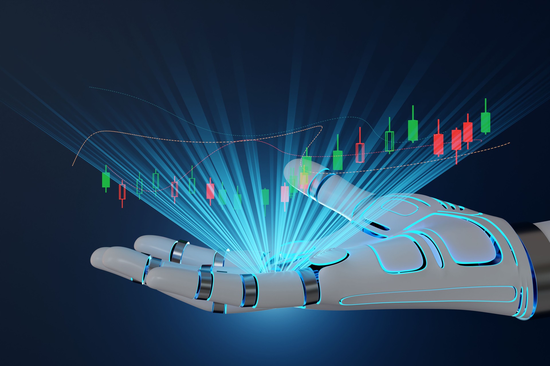 White robotic hand emitting blue light rays and holding candlestick chart of stocks. Illustration of the concept of AI stock analysis and automated trading